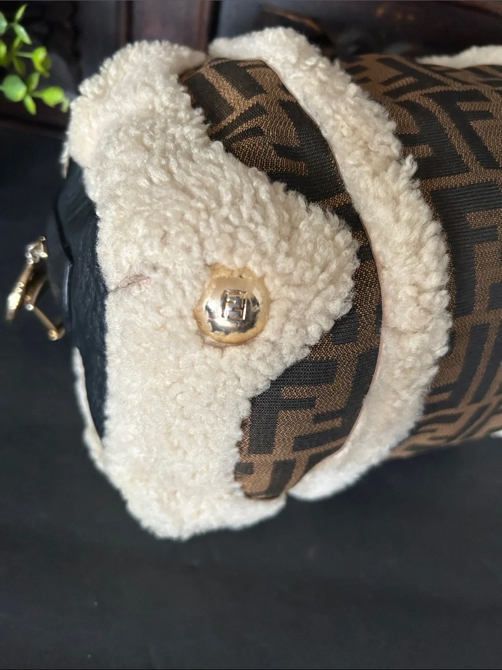 Brown Monogram Satchel with Cream Shearling Trim